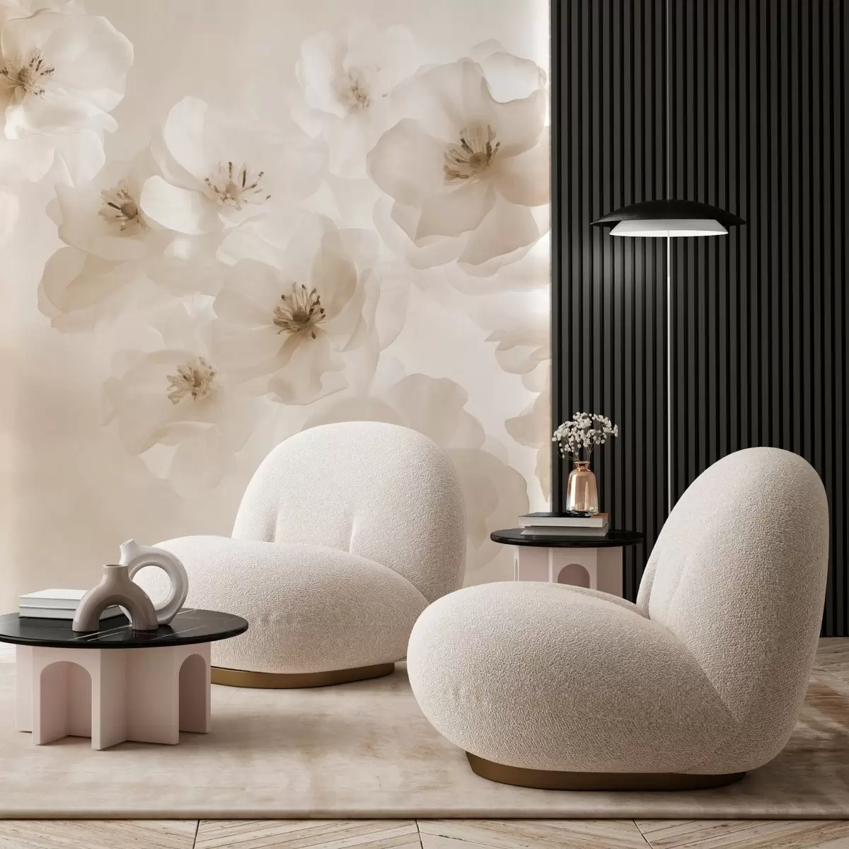 Papier peint photo Grandes fleurs délicates, nuances de beige w03931v2