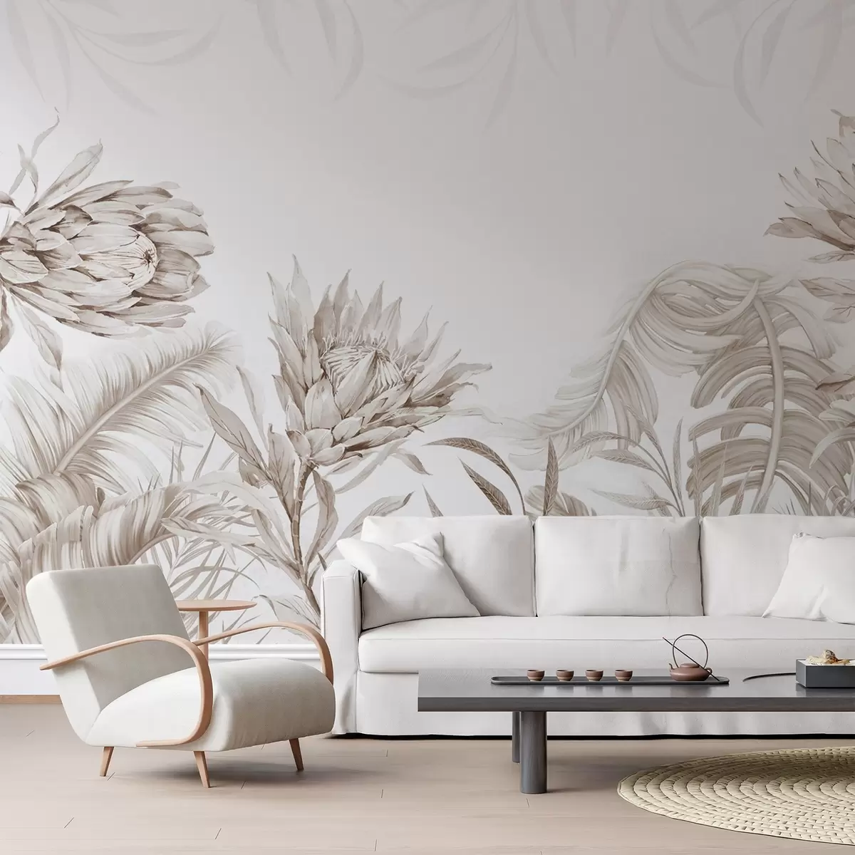 Fotobehang Protea tussen tropische bladeren, beige tinten w03952