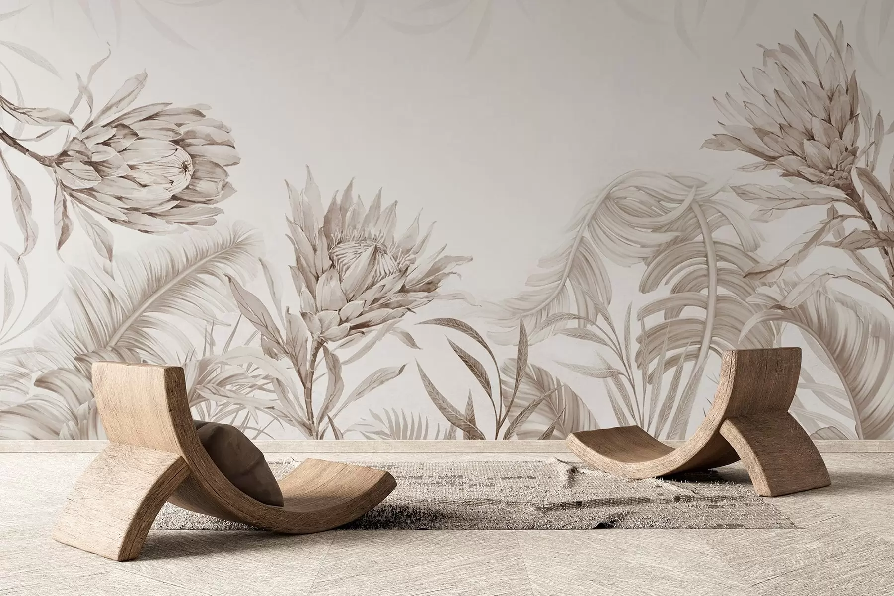 Fotobehang Protea tussen tropische bladeren, beige tinten w03952