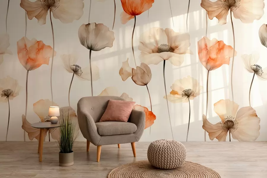 Papier peint photo coquelicots bouclés en style aquarelle w04031