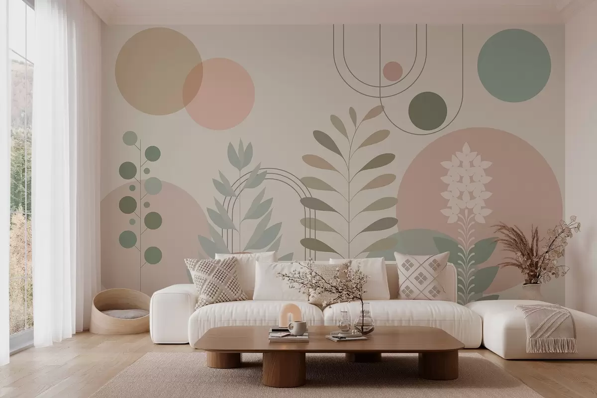 Fotobehang geometrische abstractie met cirkels en gestileerde planten op een crèmekleurige achtergrond w04070