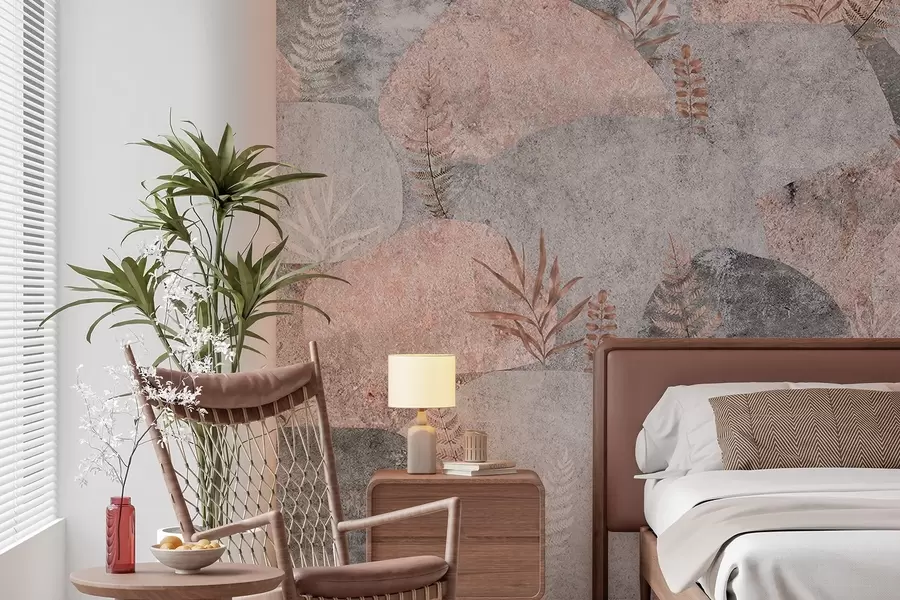 Fotobehang Stenen met planten, varen, nordic, rustieke stijl, grijze en roze kleuren w04064v1