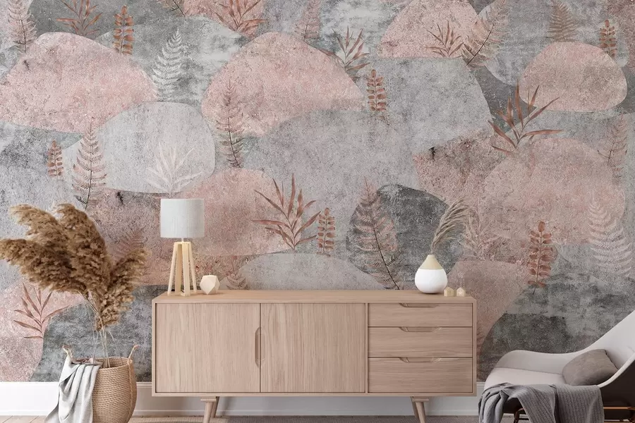 Papier peint photo Pierres avec plantes, fougères, style nordique, rustique, couleurs grises et roses w04064v1