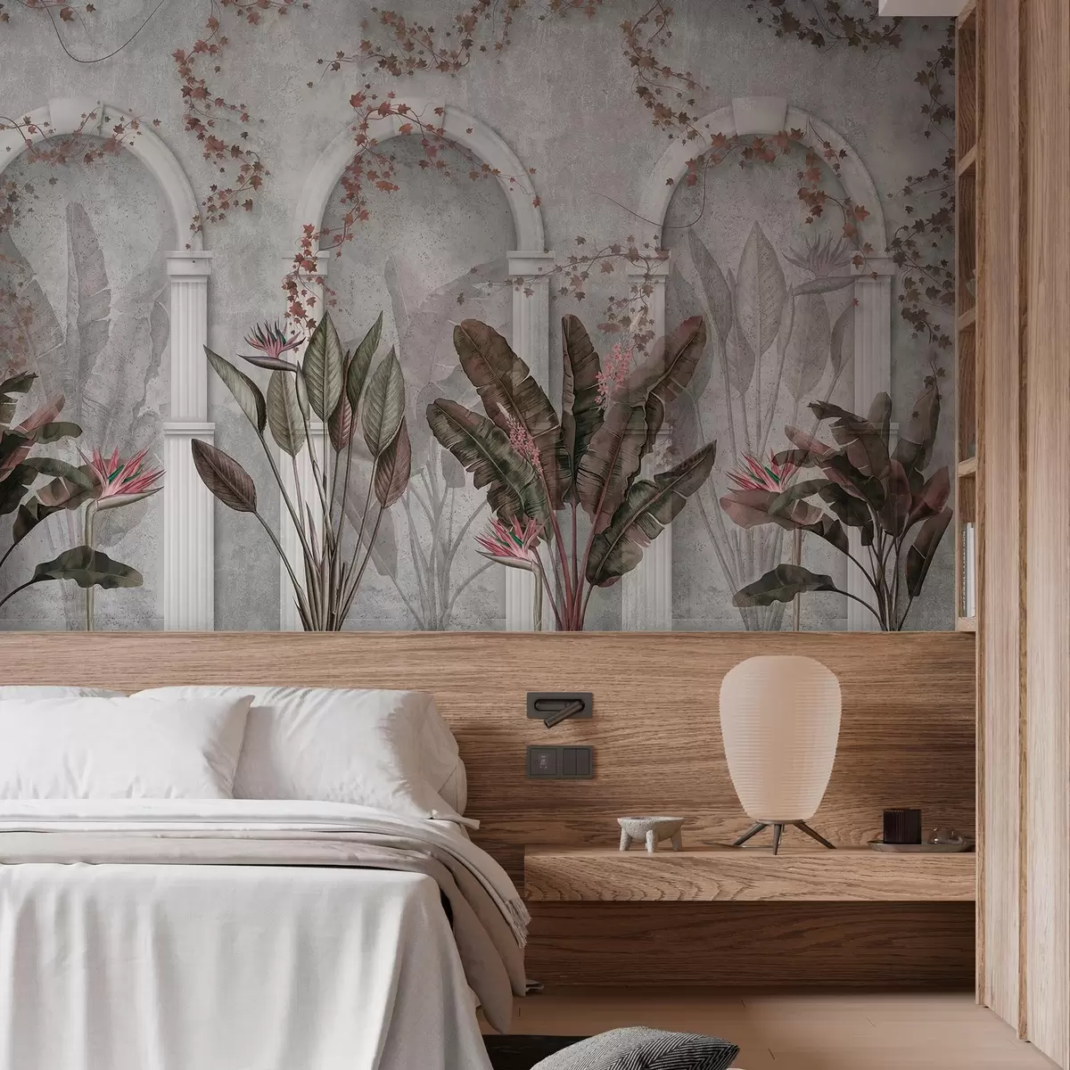 Papier peint photo Mur en béton avec arches et plantes tropicales, florales, couleurs bordeaux w04065v1