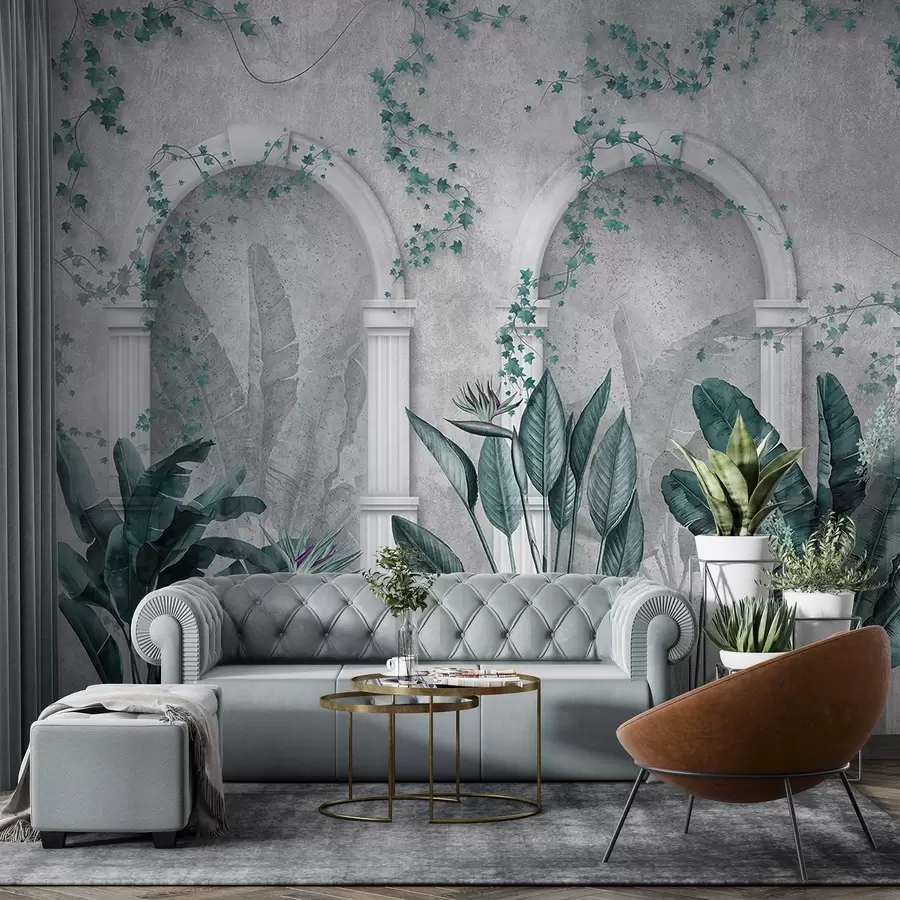 Fotobehang Betonnen muur met bogen en tropische planten, bloemen, blauwe kleuren w04065v2