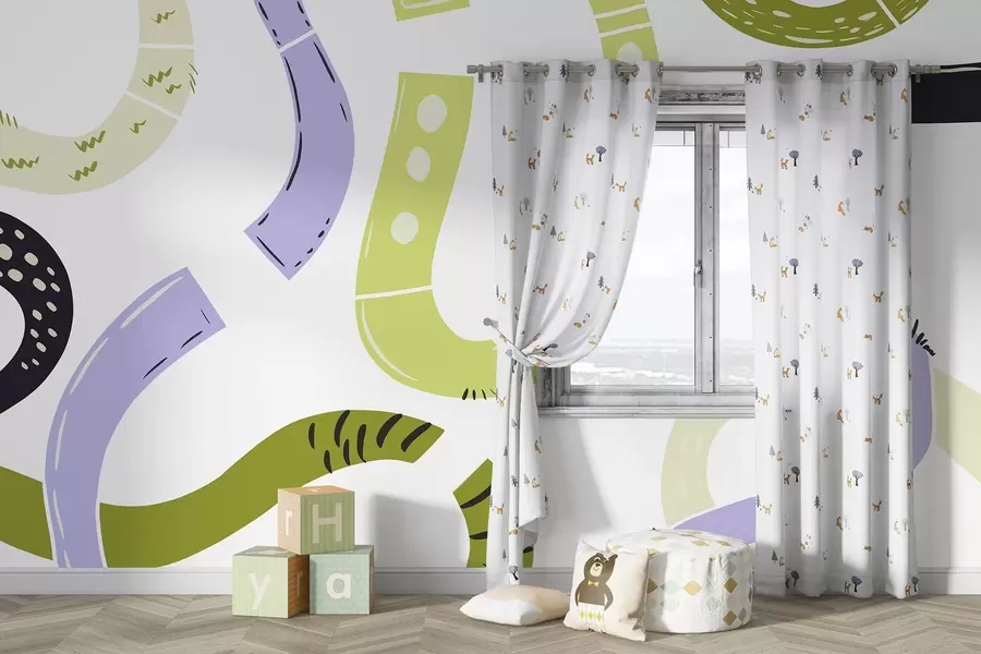 Fotobehang Abstracte tekeningen, jeugd, krabbels, groen, paars w04066v1