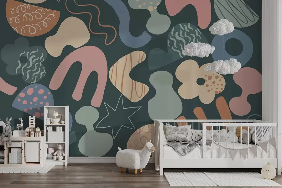 Fotobehang Geometrische figuren met krabbels tekening, jong, donkergroene achtergrond w04068v3