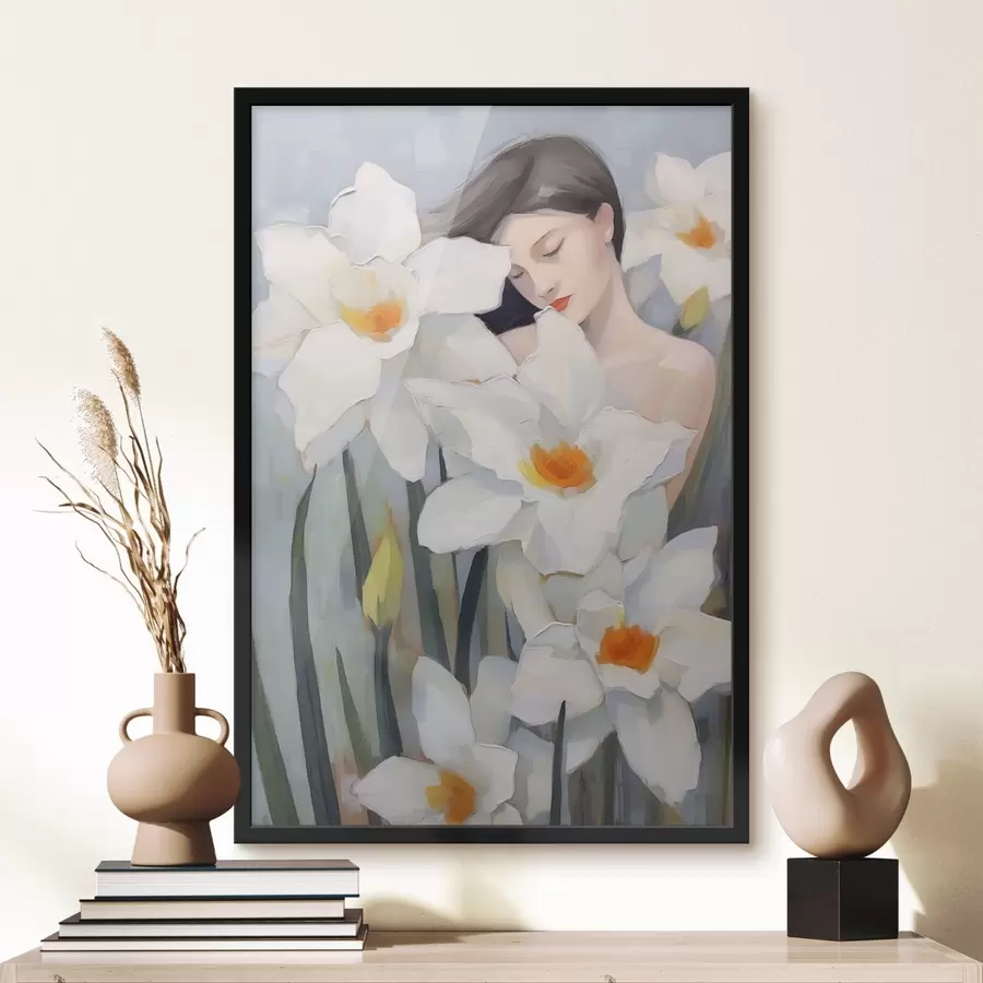 Fotobehang Meisje met narcissen f44594