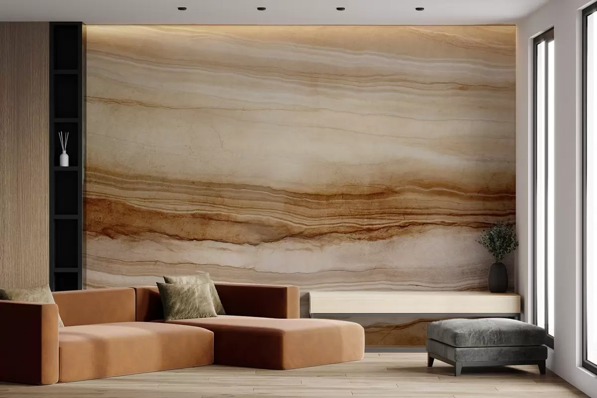 Fotobehang Imitatie van houttextuur met horizontale lijnen, beige en donkerbruin, natuurlijke print, aardse zachte tinten w09156