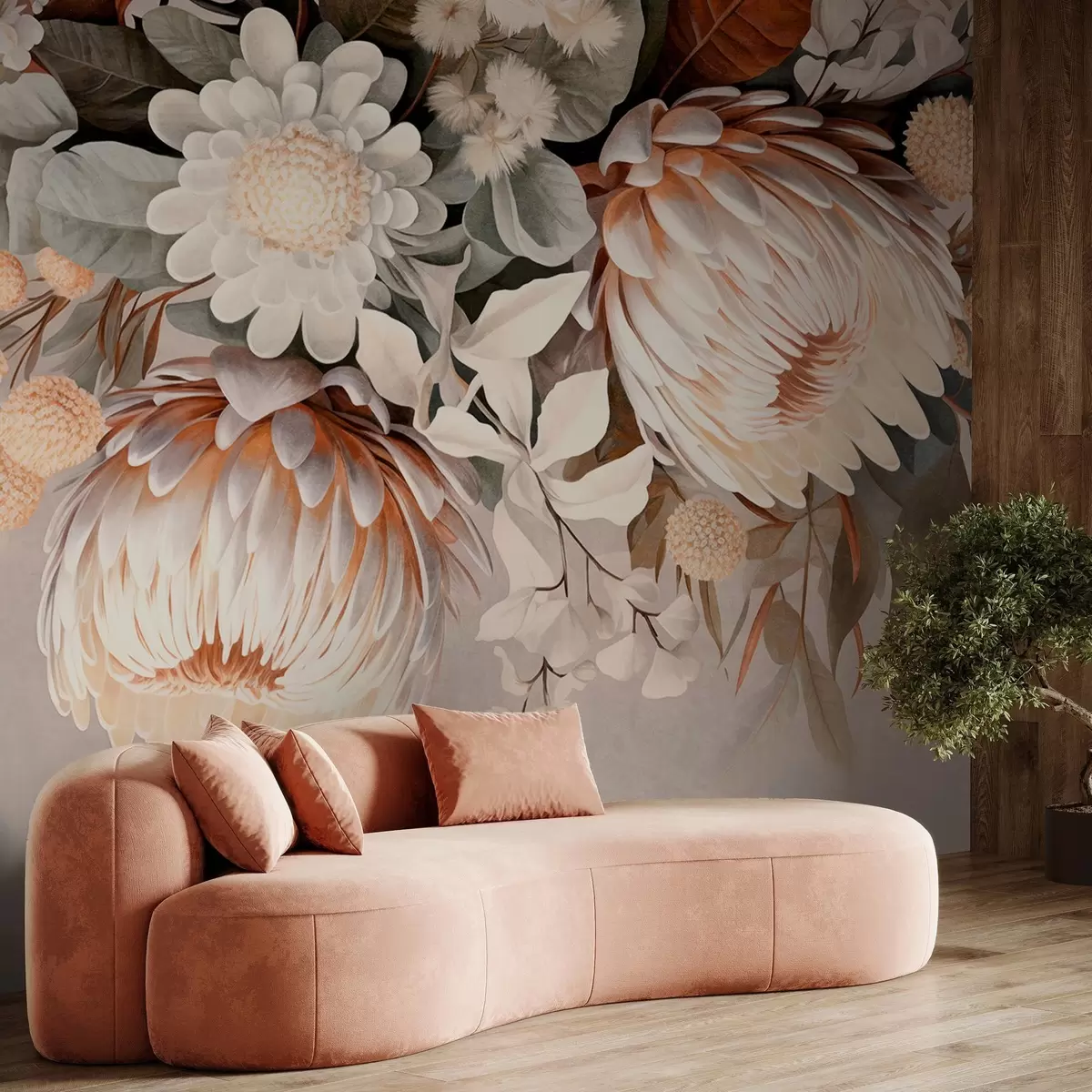 Fotobehang Grote protea met bruine accenten, witte margrieten en gele bloemen, beige gedempte achtergrond w09157