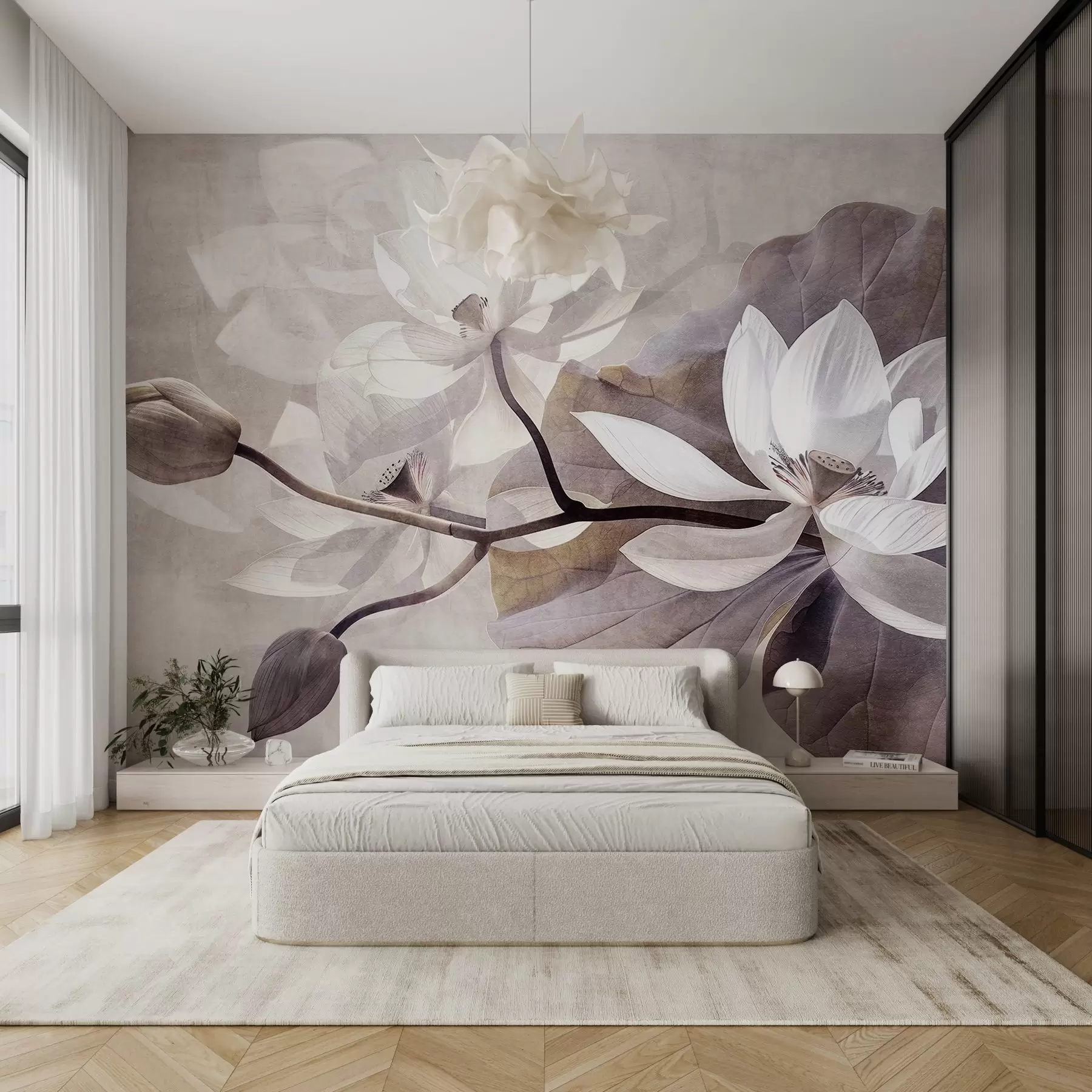 Fotobehang Korrelige textuur van delicate lotusbloemen met bladeren en stengels in een zacht beige kleurenpalet w09159