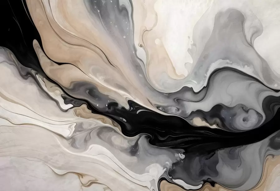 Fotobehang Abstract, vloeiend textuurschilderij in zwart-, wit-, grijs- en beige-marmerimitatie w09160