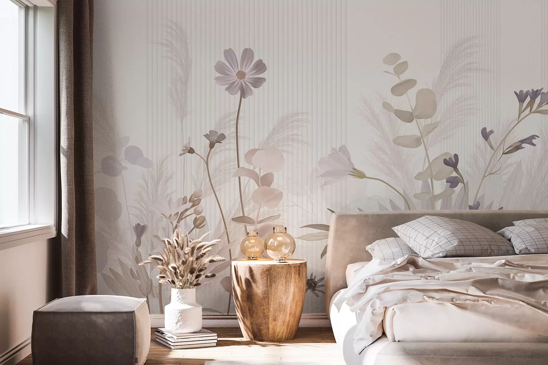 Fotobehang Bloemen in pastelkleuren, lichtbruine bladeren, witte achtergrond met verticale lijnen, elegant en minimalistisch w09161