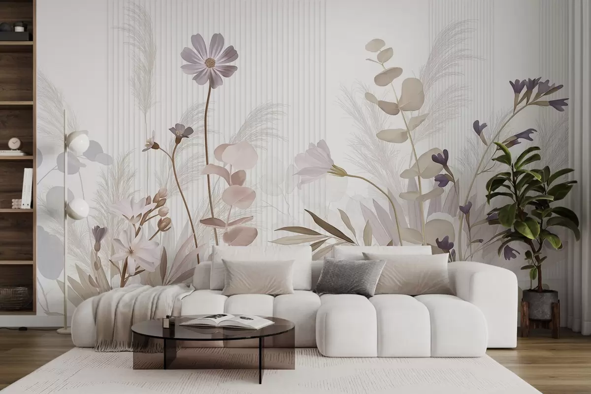 Fotobehang Bloemen in pastelkleuren, lichtbruine bladeren, witte achtergrond met verticale lijnen, elegant en minimalistisch w09161
