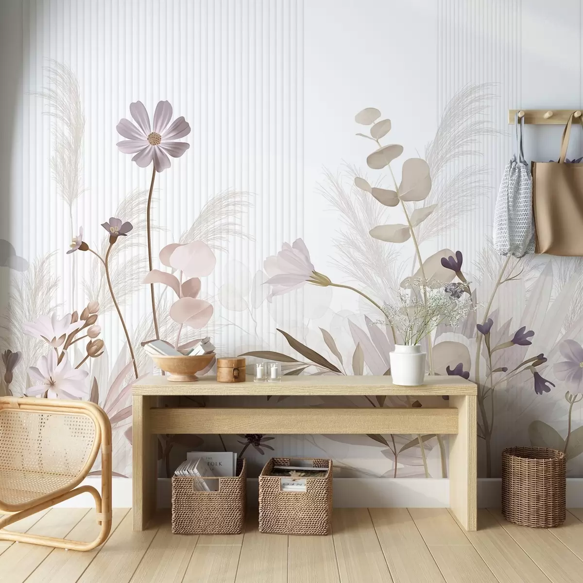 Fotobehang Bloemen in pastelkleuren, lichtbruine bladeren, witte achtergrond met verticale lijnen, elegant en minimalistisch w09161