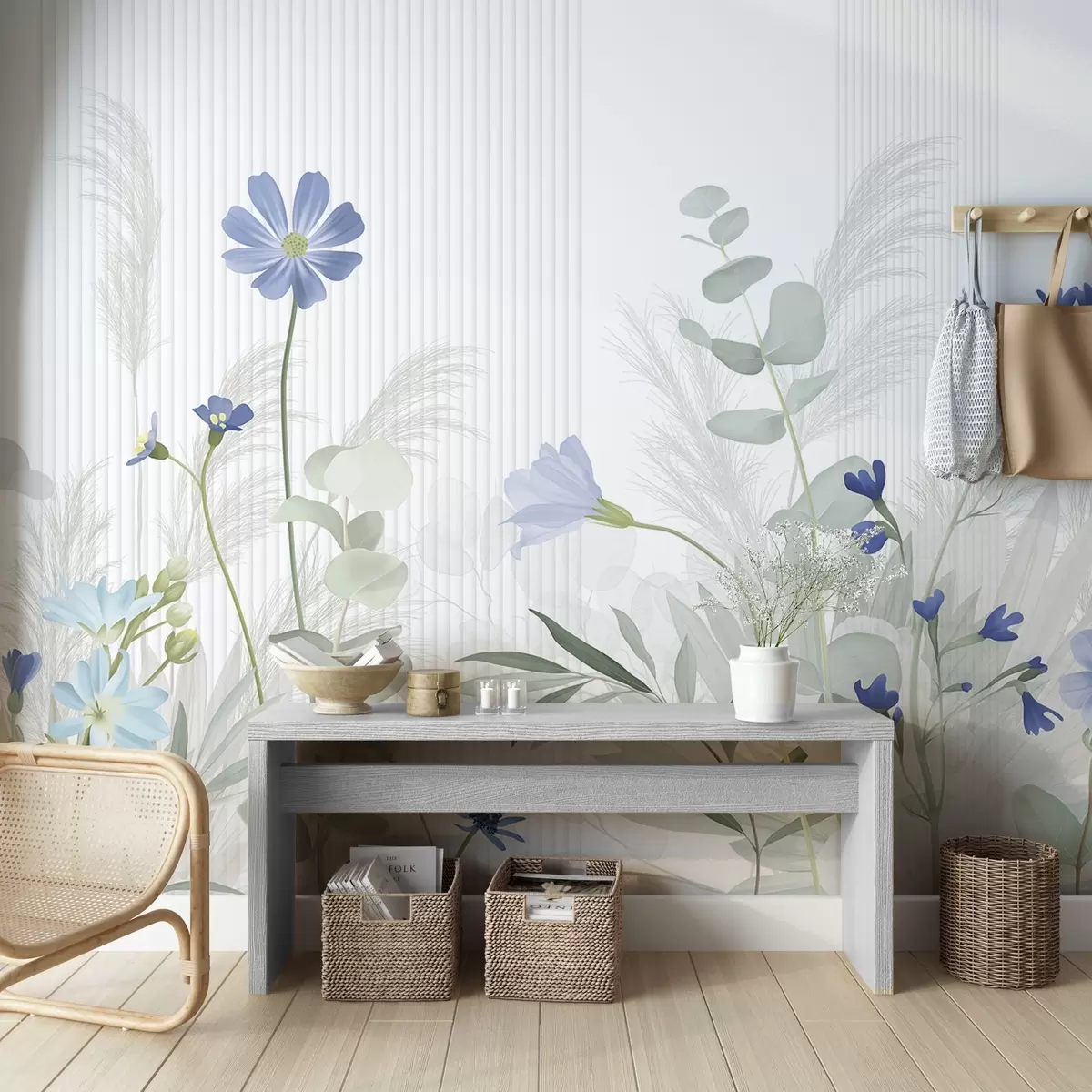 Fotobehang Bloemen in pastelkleuren, lichtgroene bladeren, witte achtergrond met verticale lijnen, elegant en minimalistisch w09161v1