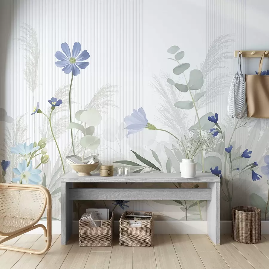 Fotobehang Bloemen in pastelkleuren, lichtgroene bladeren, witte achtergrond met verticale lijnen, elegant en minimalistisch w09161v1