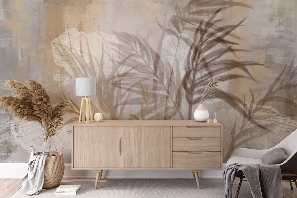 Fotobehang Beige en bruine botanische illustratie van pampagras, zachte texturen en een minimalistische compositie w09162