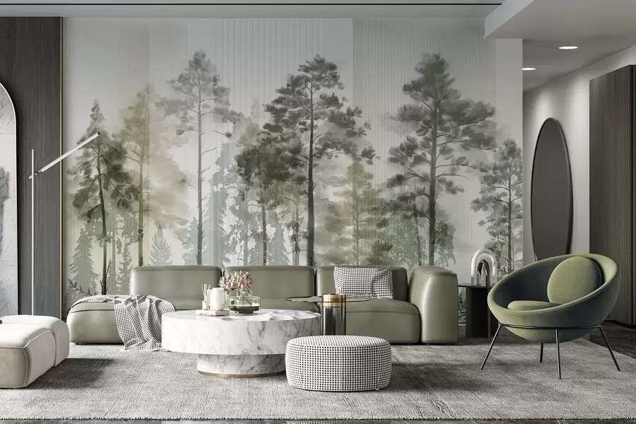 Fotobehang Een dicht bos met hoge dennenbomen, weelderig groen gebladerte, een mistige sfeer met verticale lijntexturen w09163