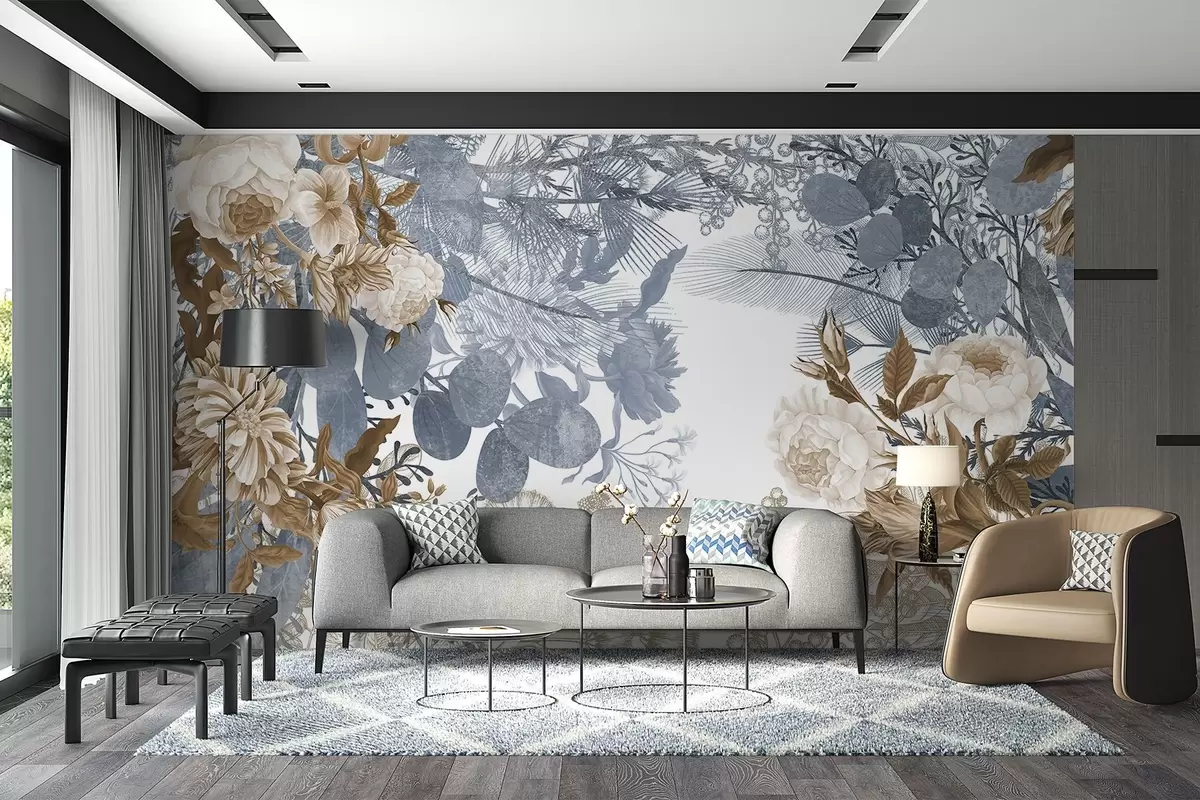 Fotobehang Vintage bloemstuk met rozen, eucalyptus en mimosa in blauw- en bruintinten w09164