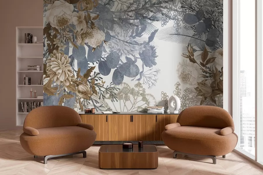 Papier peint photo Arrangement floral vintage avec des roses, de l'eucalyptus et du mimosa dans des tons bleus et bruns w09164