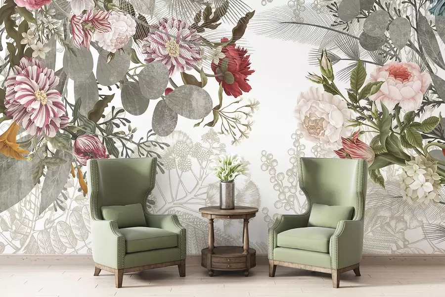 Papier peint photo Arrangement floral vintage composé de roses, d'eucalyptus et de mimosa dans des tons verts, rouges et roses w09164v1