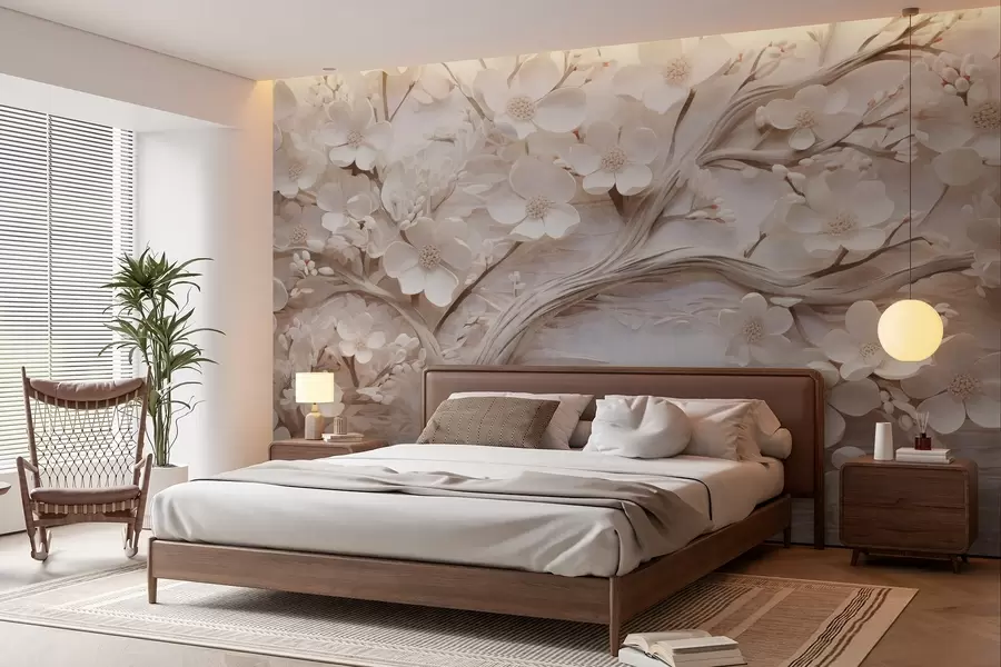 Fotobehang Boom met witte bloemen en een bruine stam, de achtergrond is wit met horizontale lijnen zachte verlichting w09166