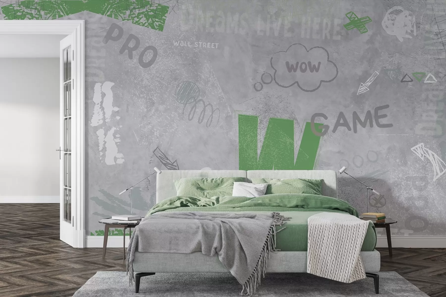 Fotobehang Street art ontwerp met groene letters op de achtergrond van betonnen muur w04056v2