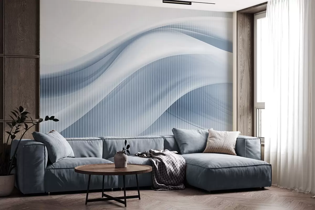 Fotobehang Abstracte print met vloeiende lijnen en subtiele verticale strepen, die een gevoel van beweging en diepte creëren, blauw palet w09189v1