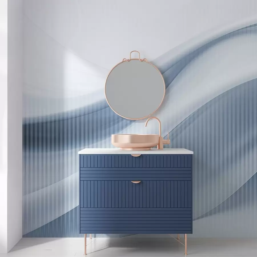 Fotobehang Abstracte print met vloeiende lijnen en subtiele verticale strepen, die een gevoel van beweging en diepte creëren, blauw palet w09189v1