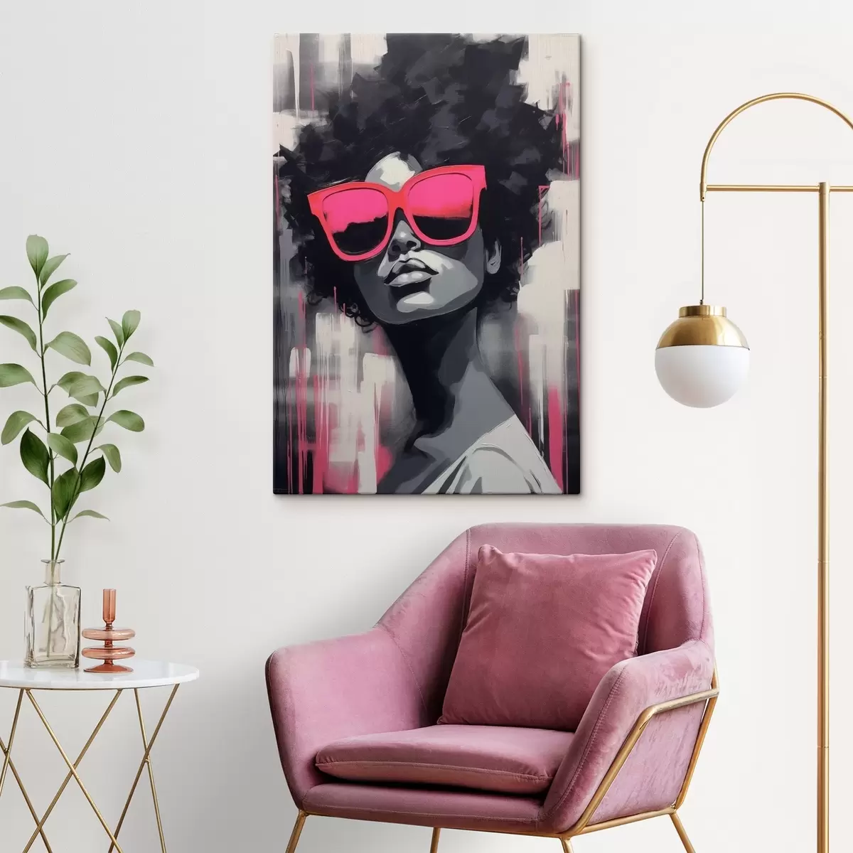  Peintures Fille avec des lunettes roses, style noir et blanc s44624