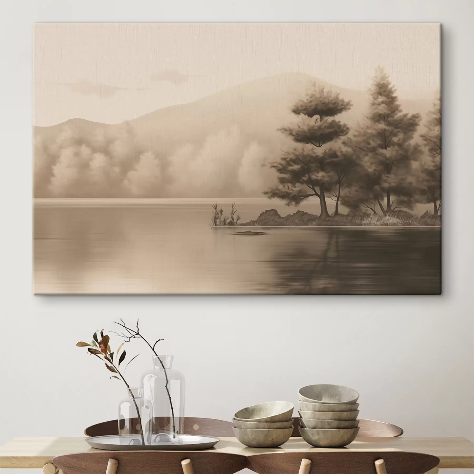 Fotobehang Meer en bomen in sepia s44633