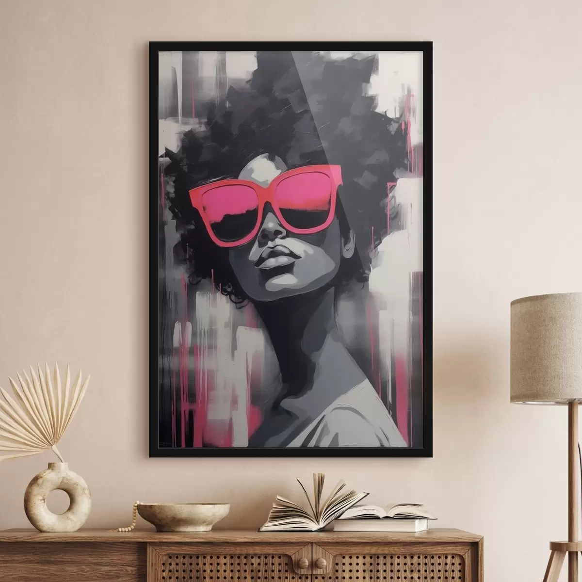 Affiche Fille avec des lunettes roses, style noir et blanc f44624