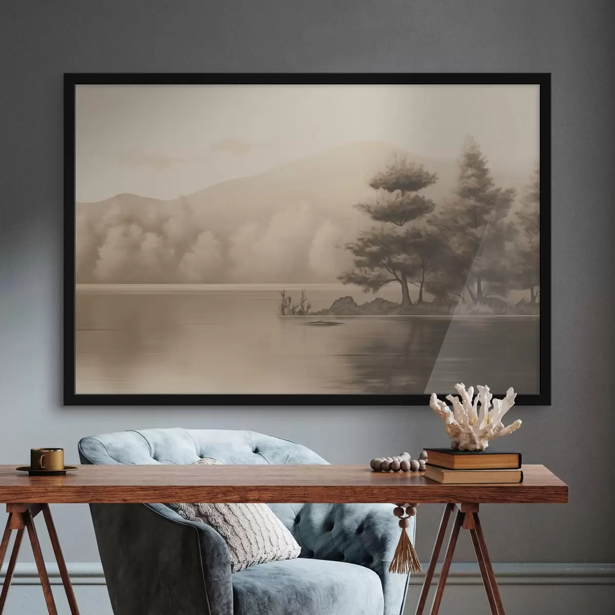 Poster Meer en bomen in sepia f44633