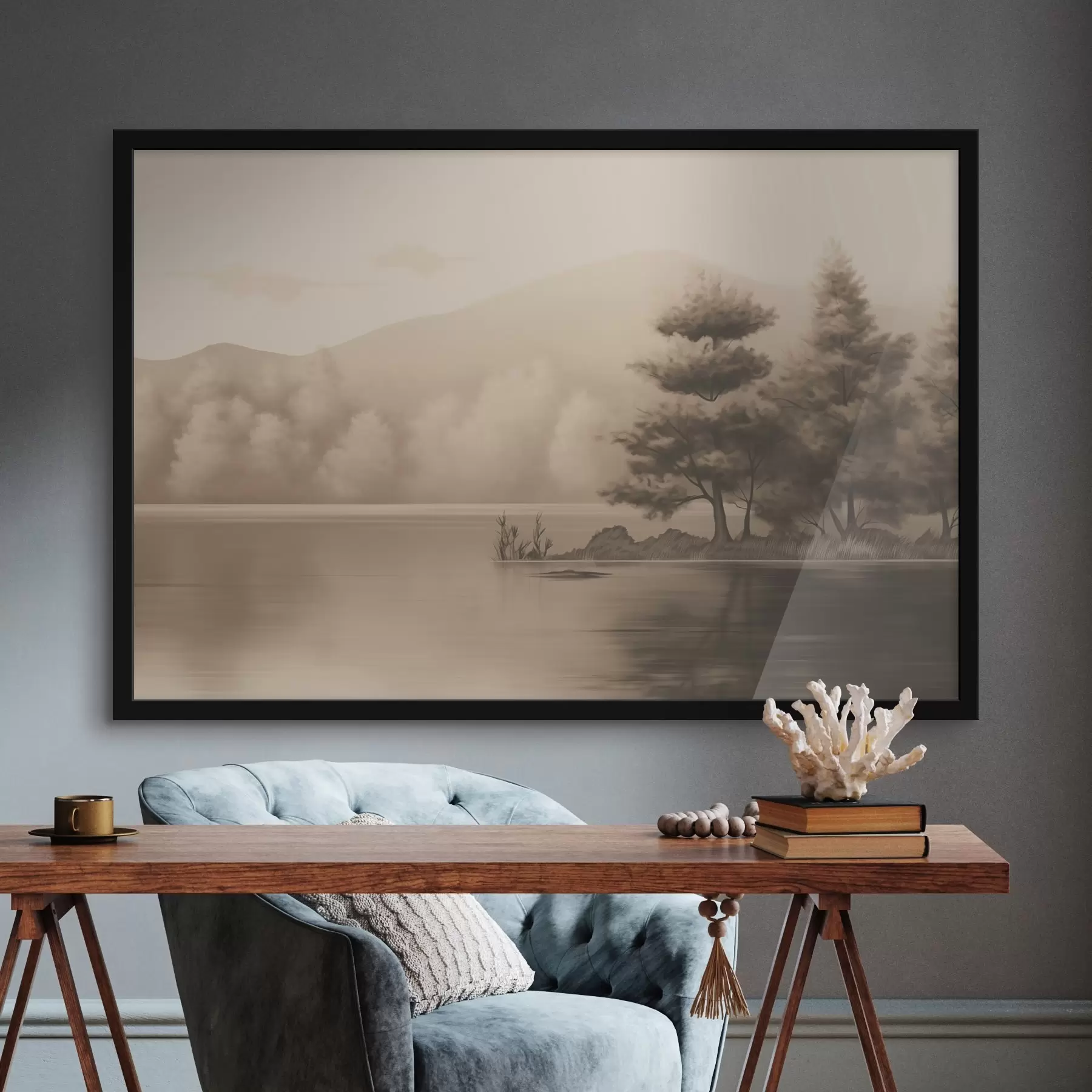  Schilderijen Meer en bomen in sepia f44633