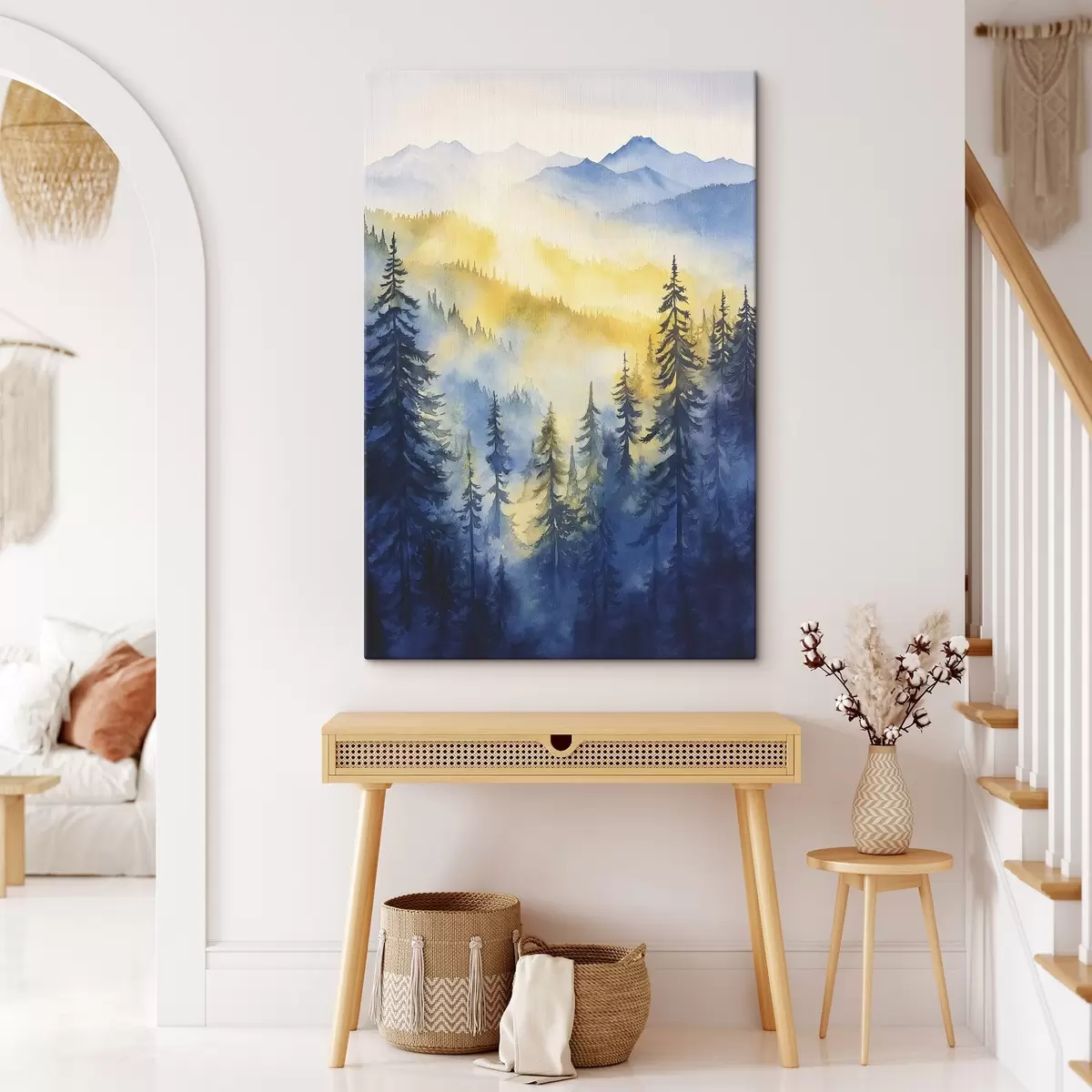  Schilderijen Mistige bergen bij zonsopgang, dennenbossen, blauwe en gele kleuren s44602