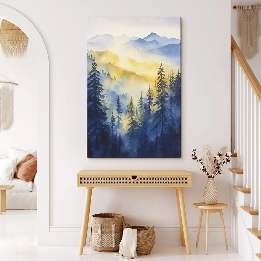  Peintures Montagnes brumeuses au lever du soleil, forêts de pins, couleurs bleues et jaunes s44602