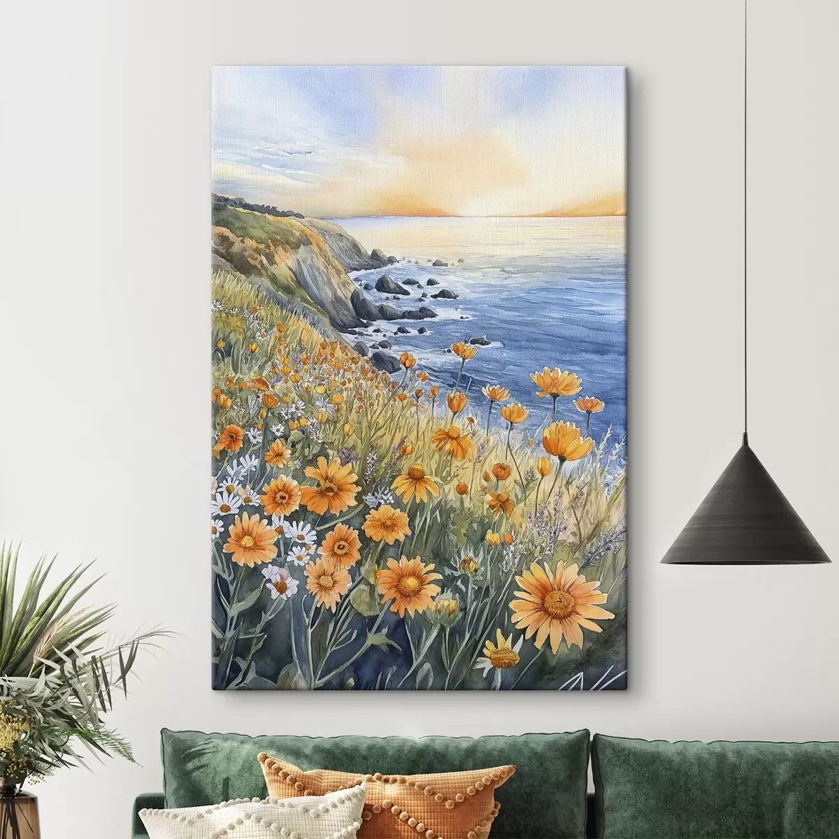  Schilderijen Klif met oranje bloemen, oceaankust, Portugal, aquarelstijl s44604