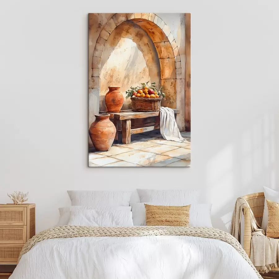 Papier peint photo Vases esthétiques et panier en osier avec oranges, Toscane, style rustique s44605