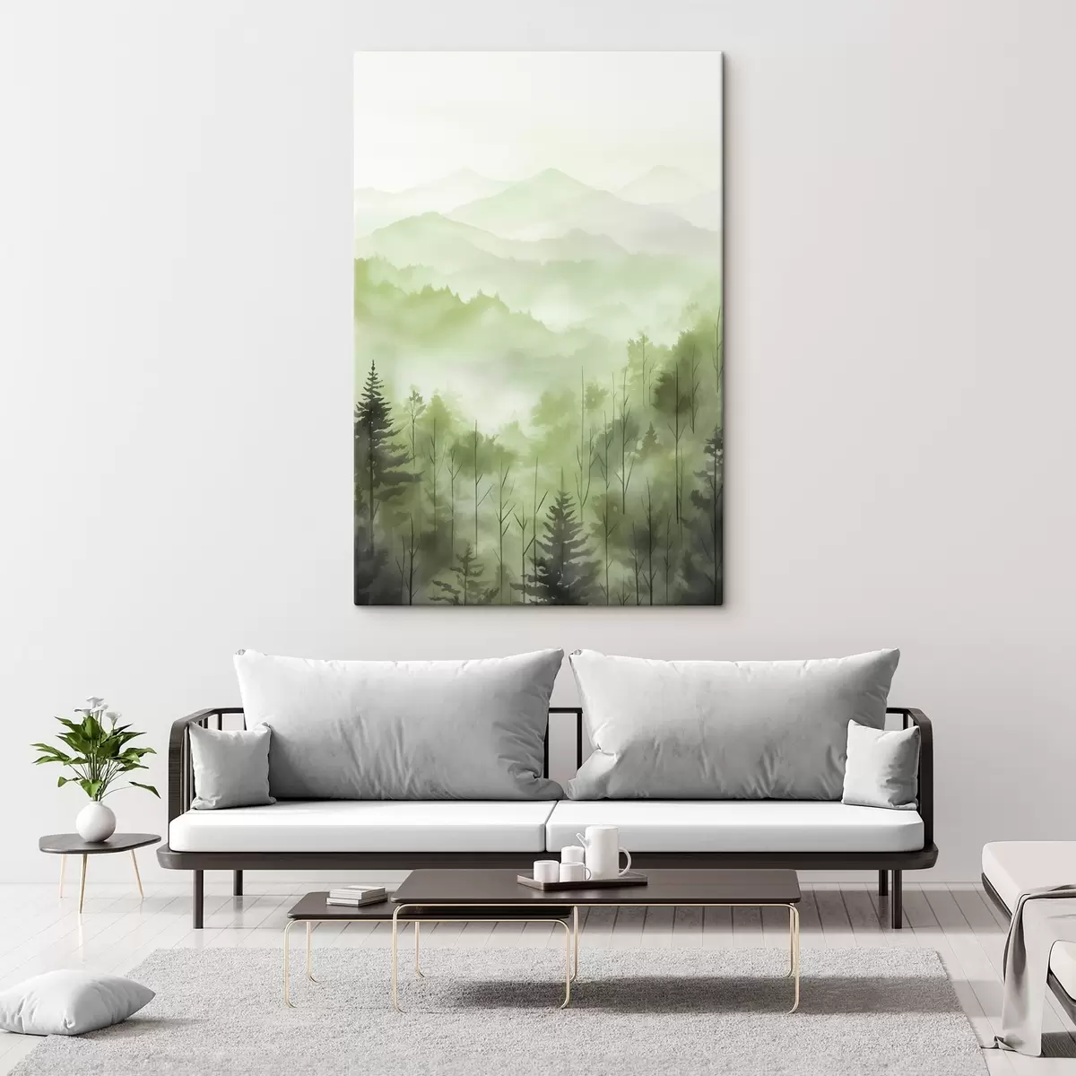  Peintures Montagnes avec paysage forestier, couleurs vertes, style aquarelle s44606