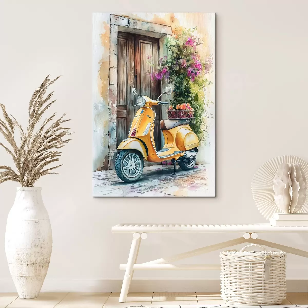  Peintures Scooter Vespa jaune près d'une porte en bois avec des fleurs s44607