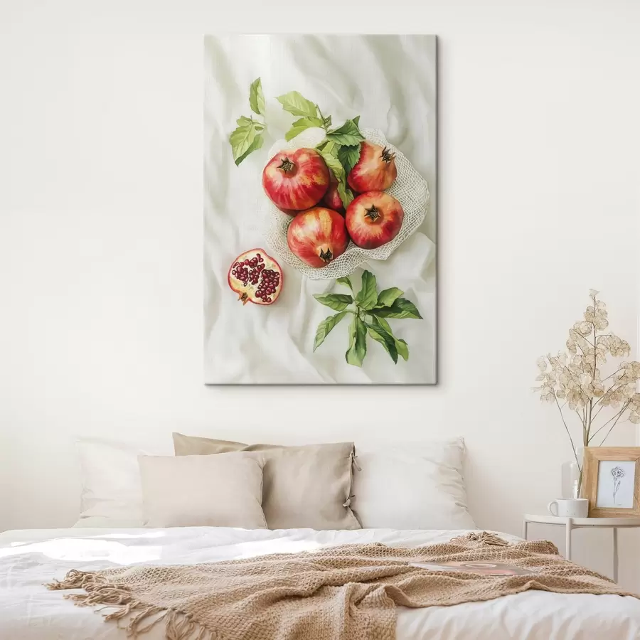  Schilderijen Granaatappels met muntblaadjes op de linnen tafelkleden, rustieke stijl s44611