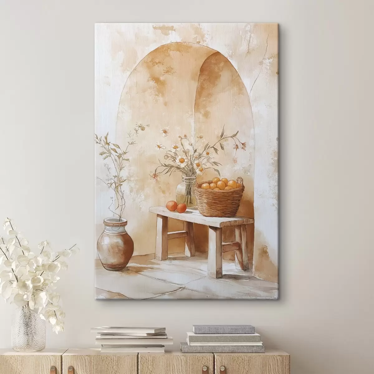  Schilderijen Boogmuur met antieke kruik, kamillebloemen en mand met sinaasappels s44613