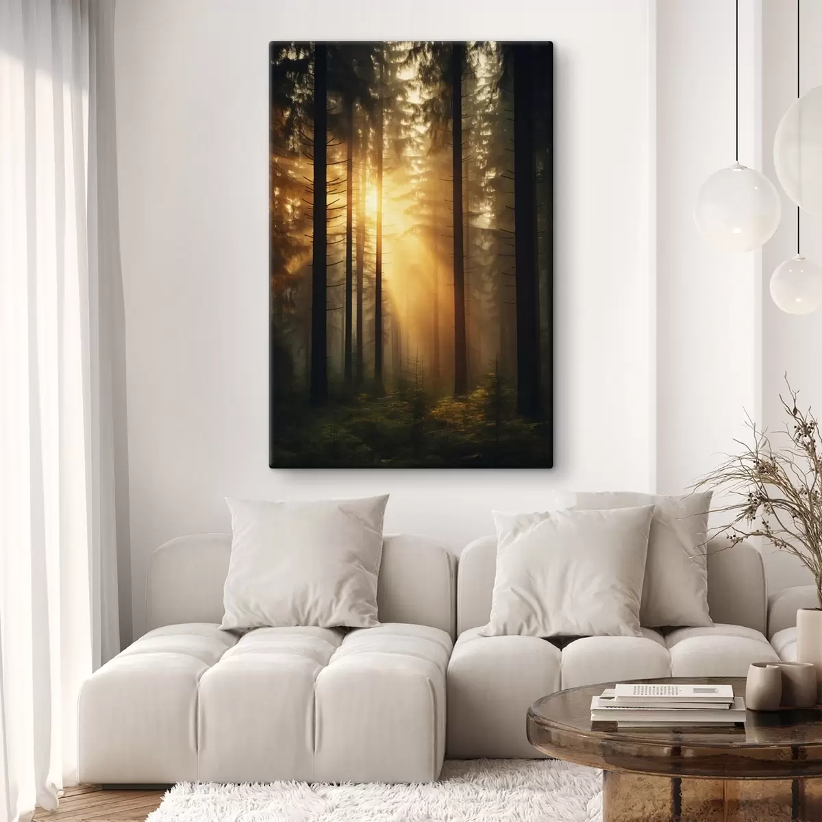  Peintures Forêt de pins dense avec la lumière du coucher de soleil, réalisme, nature s44615
