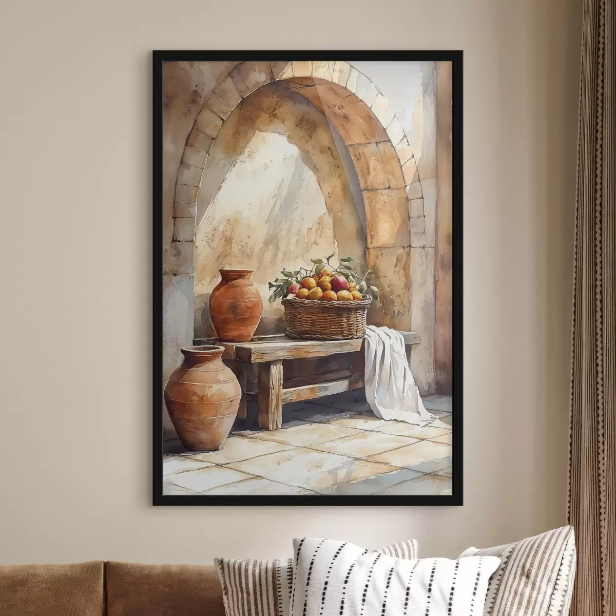 Affiche Vases esthétiques et panier en osier avec oranges, Toscane, style rustique f44605