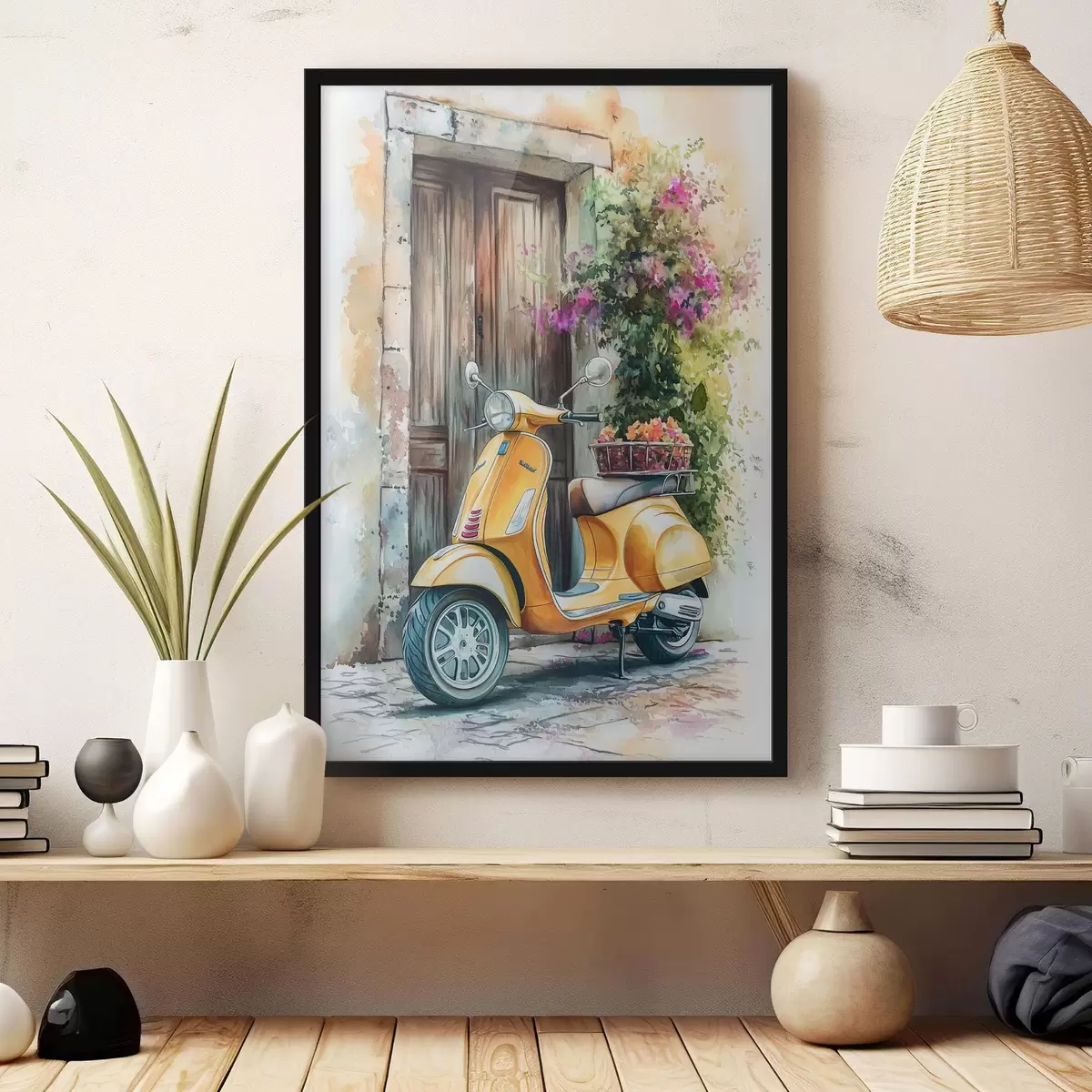 Poster Gele Vespa scooter bij houten deur met bloemen f44607