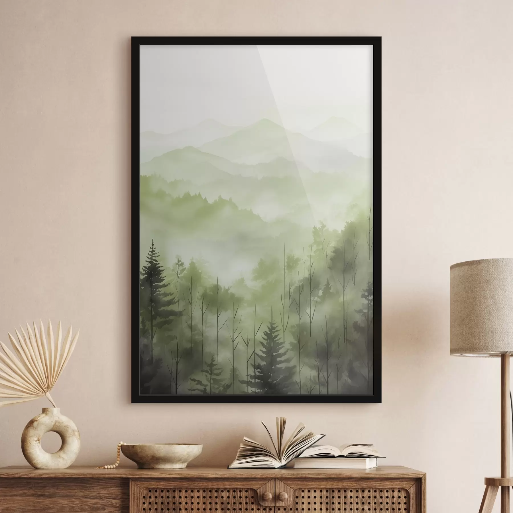  Peintures Montagnes avec paysage forestier, couleurs vertes, style aquarelle f44606