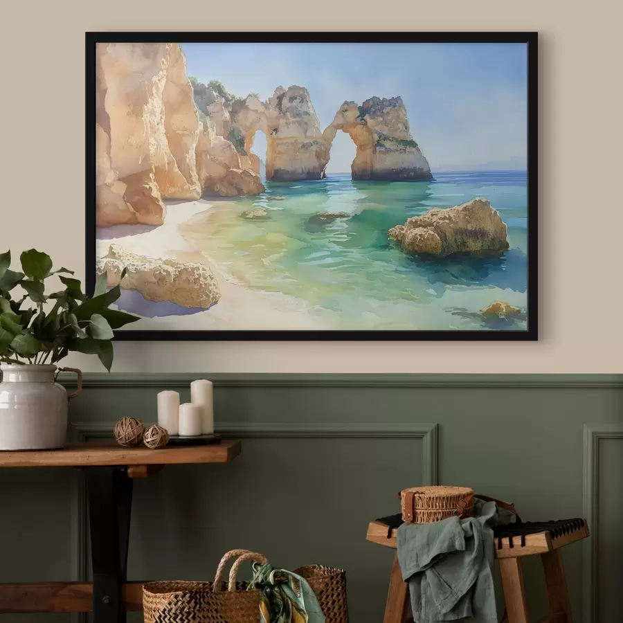  Schilderijen Oceaanstrand met rotskliffen, Portugal, zomer, aquamarijn f44608