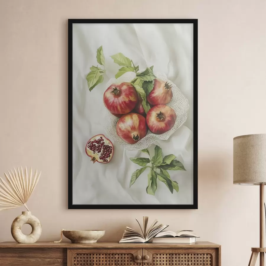 Fotobehang Granaatappels met muntblaadjes op de linnen tafelkleden, rustieke stijl f44611