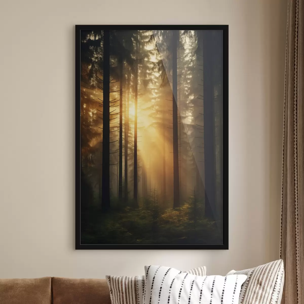 Affiche Forêt de pins dense avec la lumière du coucher de soleil, réalisme, nature f44615